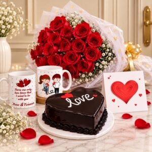 Heart Cake with Mug and Flowers gift for Valentines Day