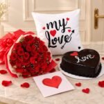 Cake and Flowers and Cushion gift delivery in Pakistan