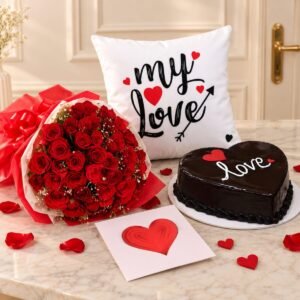 Cake and Flowers and Cushion gift delivery in Pakistan
