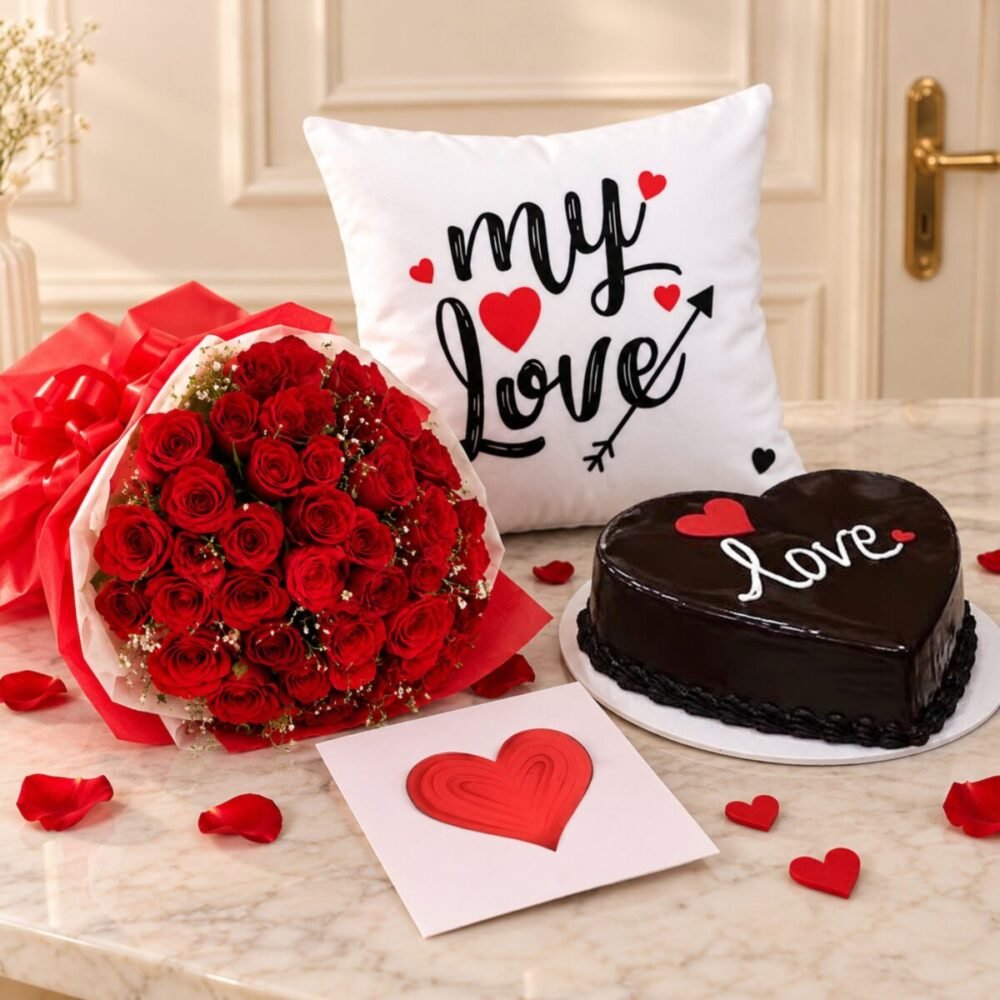 Cake and Flowers and Cushion gift for Valentines Day Cake and Flowers and Cushion gift for Valentines Day