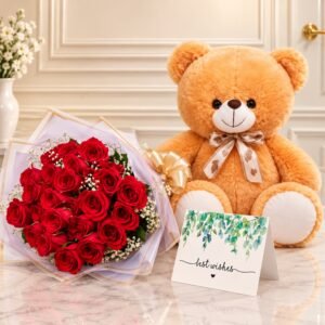 Red Roses and Teddy Bear gift for Valentines Day