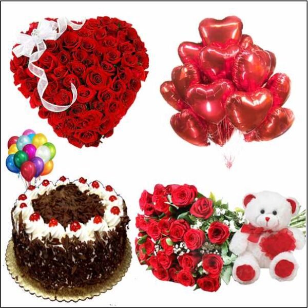 100redroses-heart-shape-bouquet-teddy-balloons-black-forest-cake