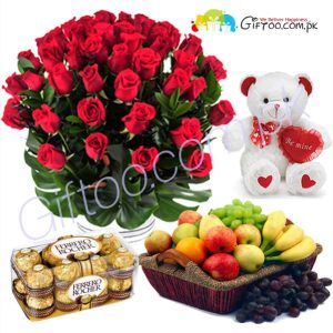 5Kg fruit basket- red roses- chocolates & Teddy