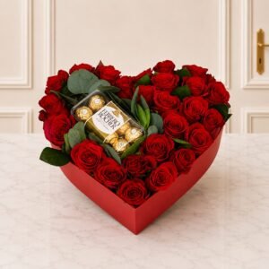16 Pcs Rocher with Roses Heart Box in Lahore for Valentines Day