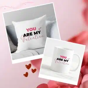valentine day cushion and mug