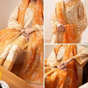 3 Pcs Cream Silk Lawn (Stitched) gift for Eid