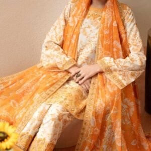 3 Pcs Cream Silk Lawn (Stitched) gift for Eid