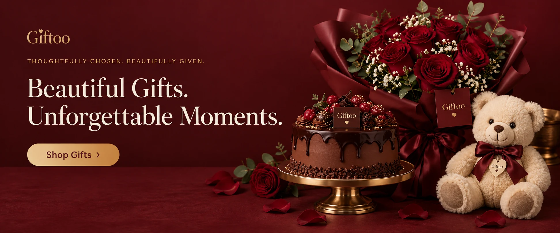 Giftoo — Beautiful Gifts. Unforgettable Moments. Celebration cake, red roses and a cream teddy bear in burgundy and gold. Shop Gifts.