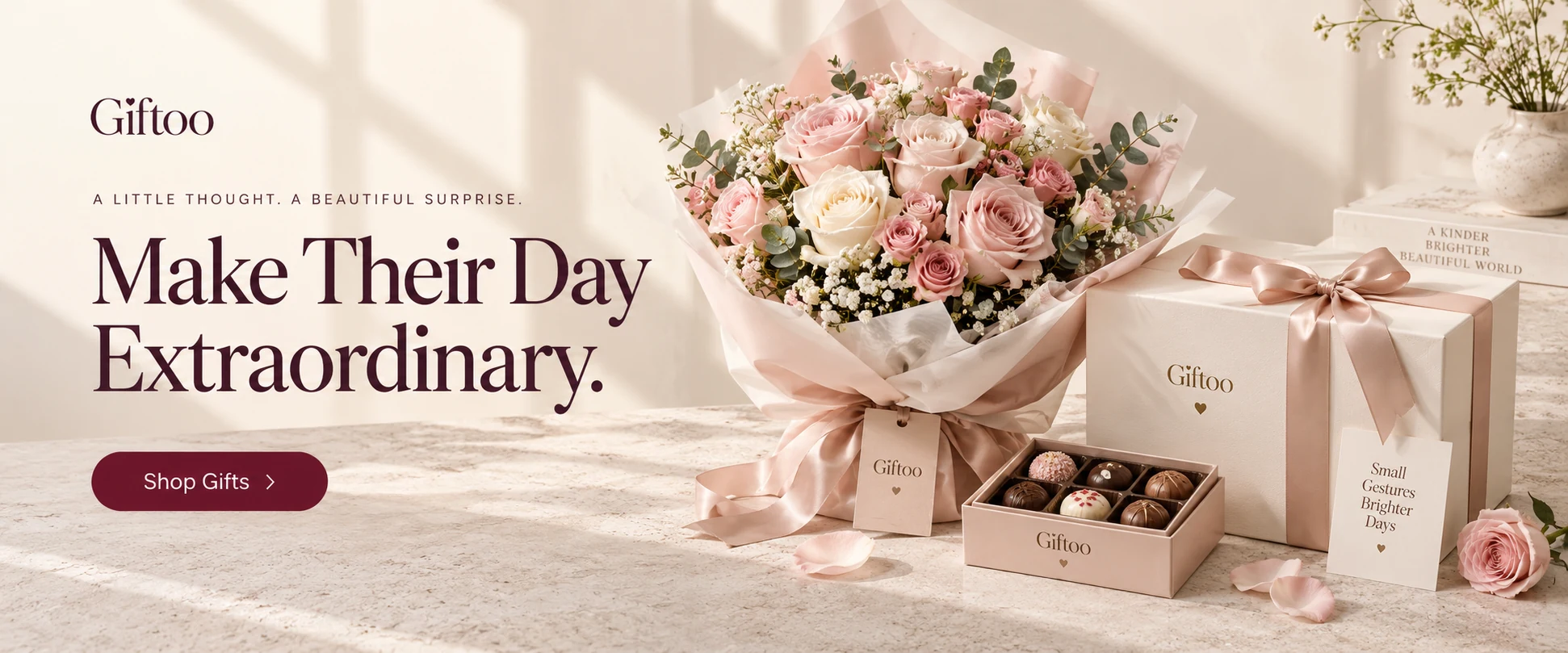 Giftoo — Make Their Day Extraordinary. Blush roses, an ivory gift box and chocolates in soft ivory light. Shop Gifts.