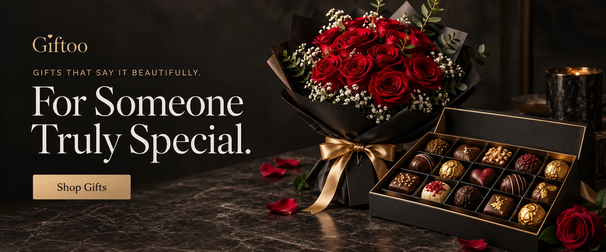 Giftoo — For Someone Truly Special. Red roses and a premium chocolate selection in charcoal and gold. Shop Gifts.