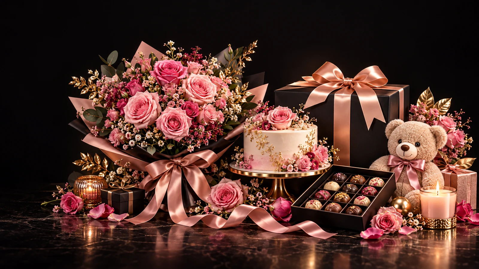 Pink roses, celebration cake, chocolates and a teddy bear arranged with luxury gift boxes
